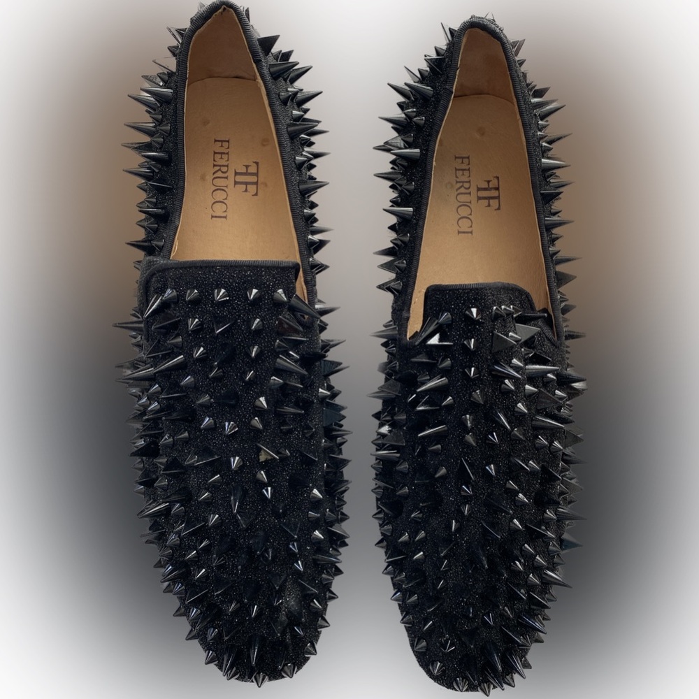 FERUCCI Black Spikes Loafers with Black Crystal GZ Rhinestone